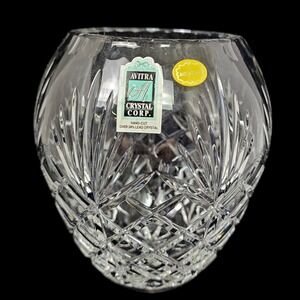 Avitra PALACE‎ 6½" Lead Crystal Flower Rose Vase Criss Cross Lines Fans Heavy